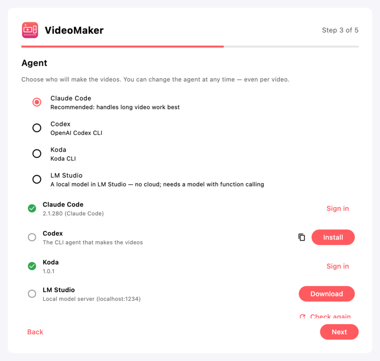 First-run wizard, the “Agent” step: a choice of Claude Code, Codex, Koda and LM Studio and a check of which are installed