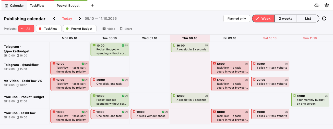 The weekly publishing calendar: Telegram, VK Video and YouTube rows for two projects, video and short cards with publishing times, published ones checked