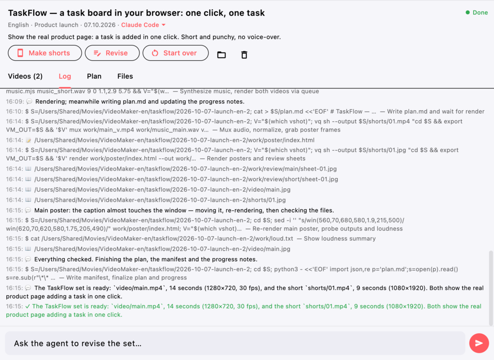 The set log: the agent's commands with timestamps — recording, rendering, checking posters — and the result “The TaskFlow set is ready” with the video and short durations