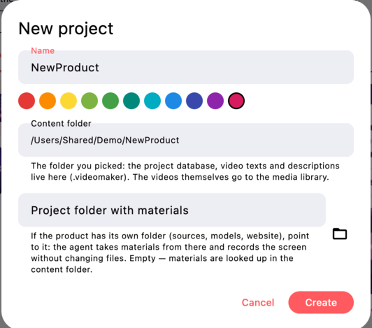The “New project” dialog: name, color, content folder and project folder with materials, with explanations